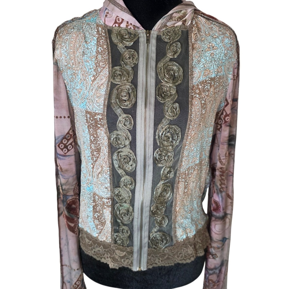 Dressbarn Womens M Sheer Mesh Paisley Zip Hoodie Y2K Whimsy Goth Fairy Grunge